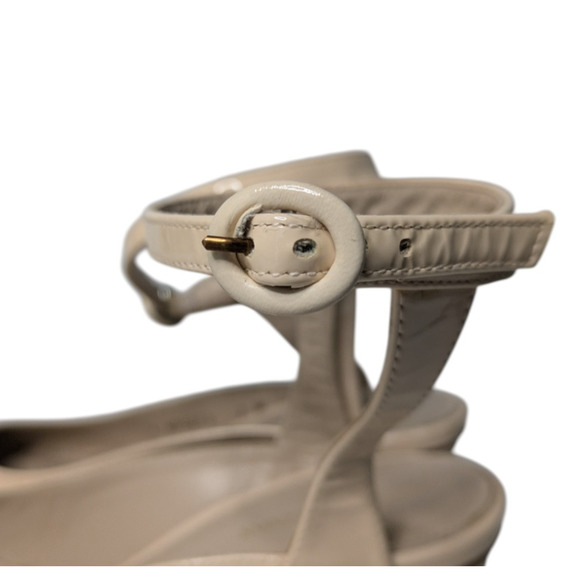 Stuart Weitzman Shape Cashew Gloss Patent Leather Halo Strap Heels Size 7 Block - Picture 9 of 15